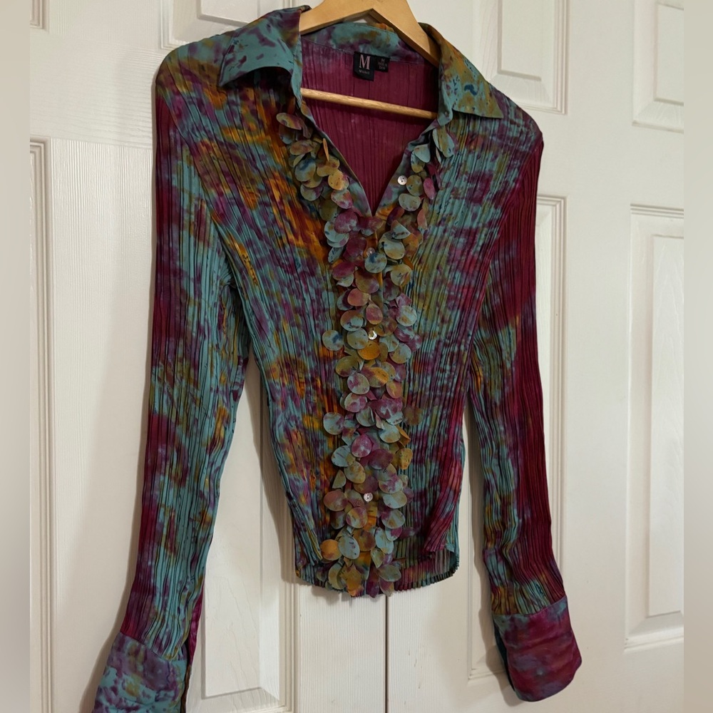 Women's Vintage Milano Moody Unique Ruffle Long Sleeve Button Down Top size Med